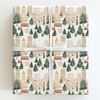 Red Trolley Christmas Gift Wrap, Winter Cityscape Wrapping Paper, Watercolor City Streetcar Wrapping Paper, Festive Holiday Gift Wrap Roll