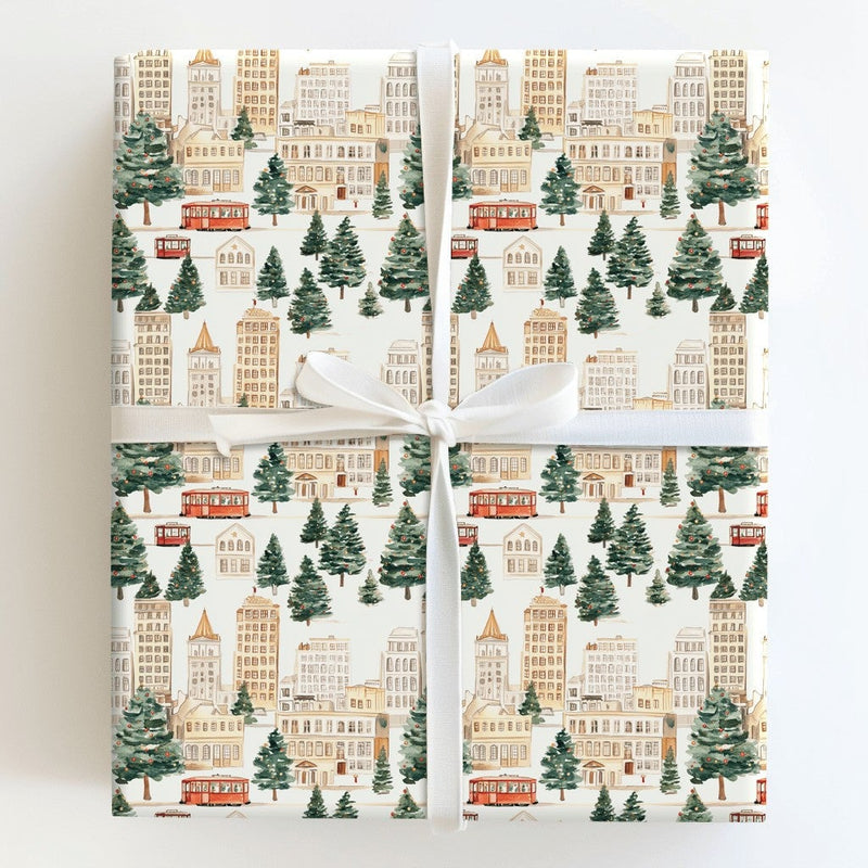 Red Trolley Christmas Gift Wrap, Winter Cityscape Wrapping Paper, Watercolor City Streetcar Wrapping Paper, Festive Holiday Gift Wrap Roll