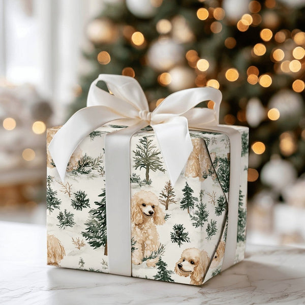 Snowy Pine Forest Dog Gift Wrap, Cockapoo Dog Christmas Wrapping Paper, Adorable Puppy Wrapping Paper, Winter Holiday Dog Lov