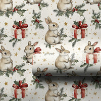 Watercolor Rabbit Gift Wrap, Bunny Christmas Wrapping Paper, Woodland Animal Wrapping Paper, Holiday Holly Gift Wrap, Xmas Present Roll