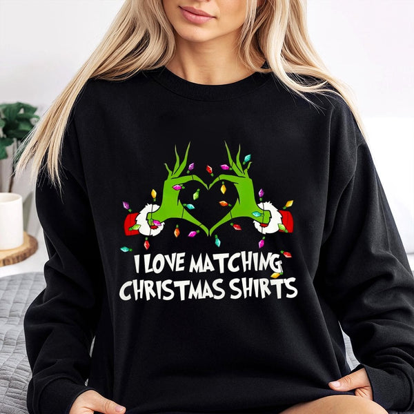 Humorous Matching Holiday Crewneck, Green Monster Hands Heart Christmas Sweatshirt, Adorable Xmas Pullover, Couples Christmas