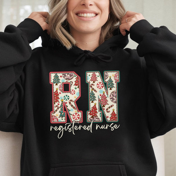 Festive Holiday Nurse Hoodie, RN Registered Nurse Christmas Hoodie, Nursing Student Pullover, Medical Worker Xmas Graphic Hoo