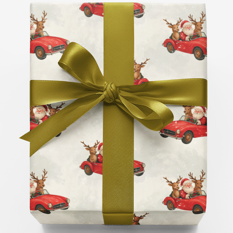 Retro Christmas Gift Wrap, Vintage Santa Car Wrapping Paper, Santa in Car Wrapping Paper, Holiday Gift Wrap Roll, Xmas Present Paper