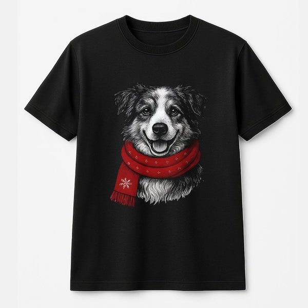 Adorable Winter Scarf Dog Graphic Tee, Border Collie Christmas Dog T-Shirt, Holiday Dog Lover Shirt, Festive Puppy Xmas T-Shi