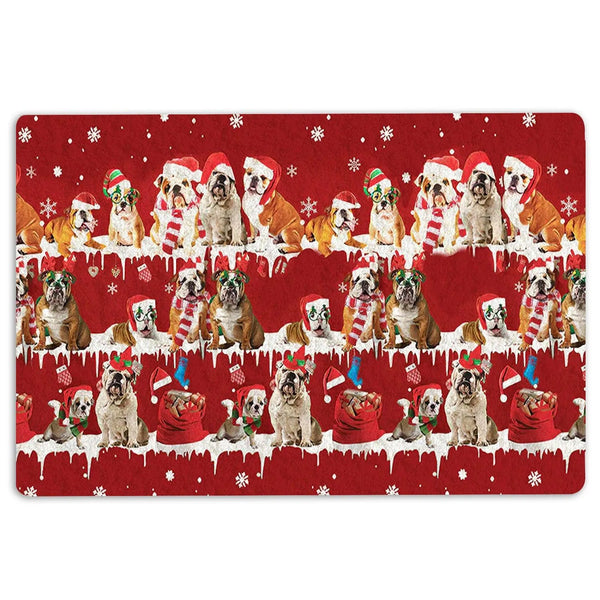 Snowflake Tree Holiday Welcome Mat, English Bulldog Christmas Doormat, Winter Dog Door Mat, Porch Entry Rug, Bulldog Lover Xm