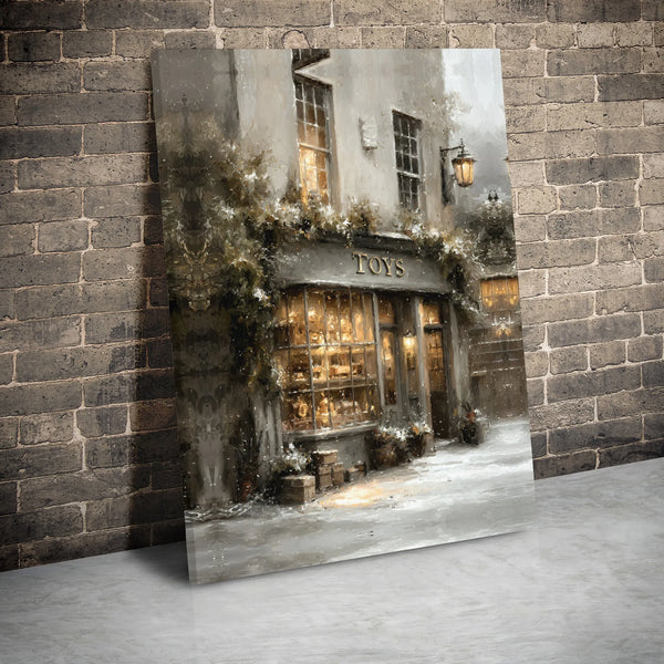 Snowy Christmas Street Canvas Print, Vintage Toy Shop Canvas Wall Art, Winter Village Wall Art, Holiday Home Decor, Festive X