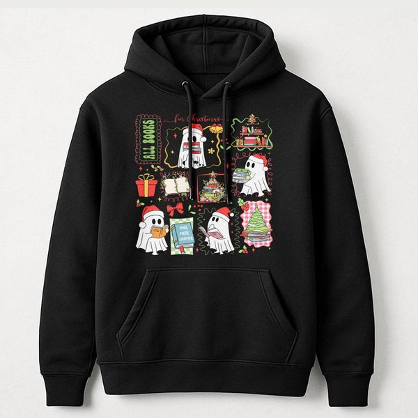 Adorable Reading Ghost Bookish Hoodie, Christmas Ghost Hoodie, Comfy Book Lover Holiday Sweatshirt, Librarian Xmas Graphic Pu