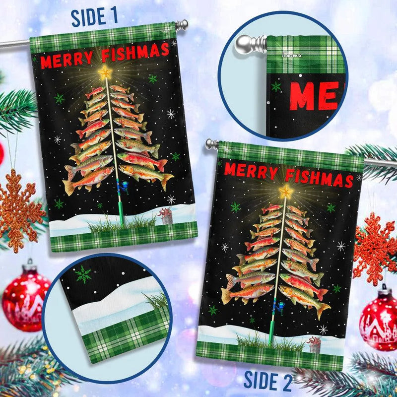 Fishing Christmas Tree Holiday Flag, Merry Fishmas Garden Flag, Double-Sided Fisherman Xmas Flag, Angler Outdoor Lawn Banner Decor