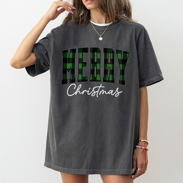 Buffalo Plaid Varsity T-Shirt, Green Plaid Merry Christmas T-Shirt, Festive Holiday Graphic T-Shirt, Xmas Family Matching Tee