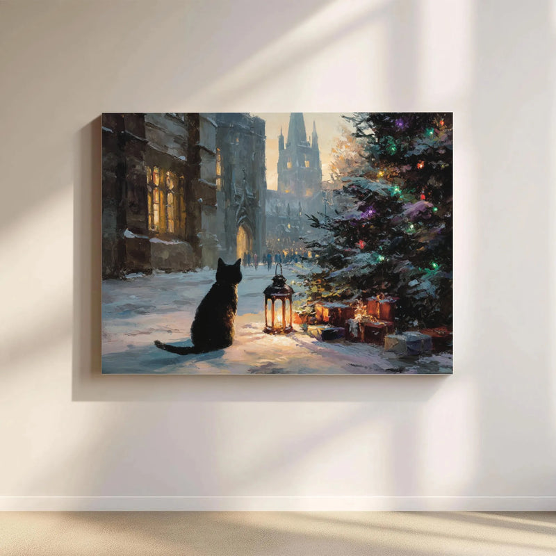 Snowy Winter Street Scene Lantern Poster, Black Cat Christmas Canvas Wall Art, Holiday Kitten Digital Download Print, Cat Lover Xmas Present