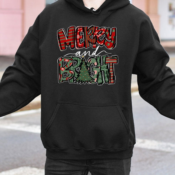 Festive Plaid Tree Graphic Hoodie, Merry and Bright Christmas Hoodie, Comfy Winter Holiday Hoodie