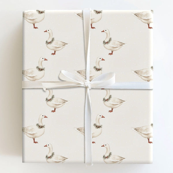 Farmhouse Wreath Goose Gift Wrap, Watercolor Goose Christmas Wrapping Paper, Winter Bird Wrapping Paper, Rustic Holiday Gift 