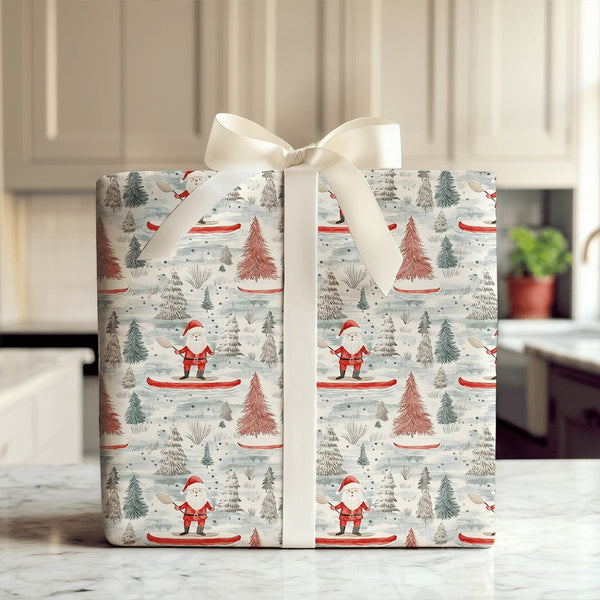 Red Canoe Winter Forest Gift Wrap, Santa in Canoe Wrapping Paper, Outdoor Adventure Christmas Paper, Whimsical Holiday Wrappi