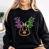 Coquette Bow Holiday Crewneck, Neon Reindeer Christmas Sweatshirt, Adorable Winter Reindeer Sweater, Retro Preppy Christmas Aesthetic Pullover