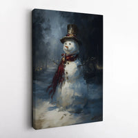 Winter Night Snowman Painting, Snowman Canvas Wall Art, Holiday Snowman Art Print, Farmhouse Christmas Decor, Printable Digital Download