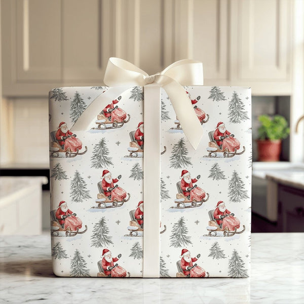 Watercolor Winter Sports Gift Wrap, Santa on Snowmobile Wrapping Paper, Red Vintage Santa Wrapping Paper, Christmas Present P