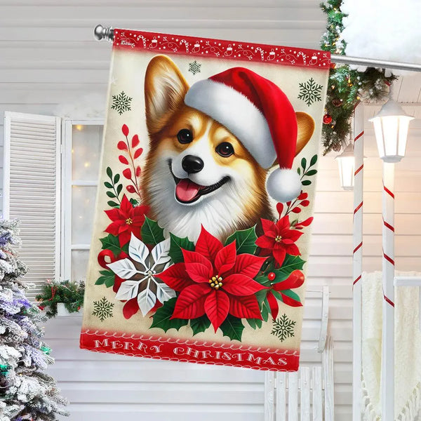 Adorable Dog Holiday Yard Flag, Corgi Santa Hat Christmas Garden Flag, Double Sided Winter Pet Lawn Flag, Festive Dog Lover F