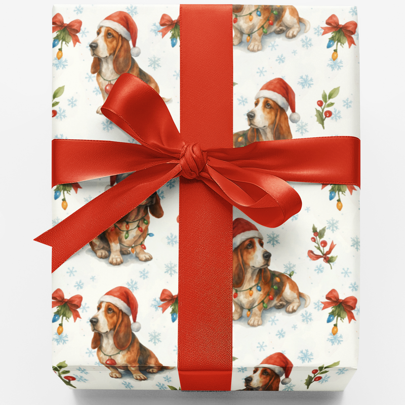 Basset Hound Dog Holiday Gift Wrap, Basset Hound Christmas Wrapping Paper, Santa Dog Festive Wrapping Paper, Dog Lover Xmas Present Wrap