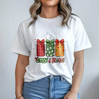 Festive Holiday Bottles Bow Shirt, Merry and Bright Christmas T-Shirt, Adorable Coquette Winter Graphic Tee, Xmas Holiday Season Present for Her