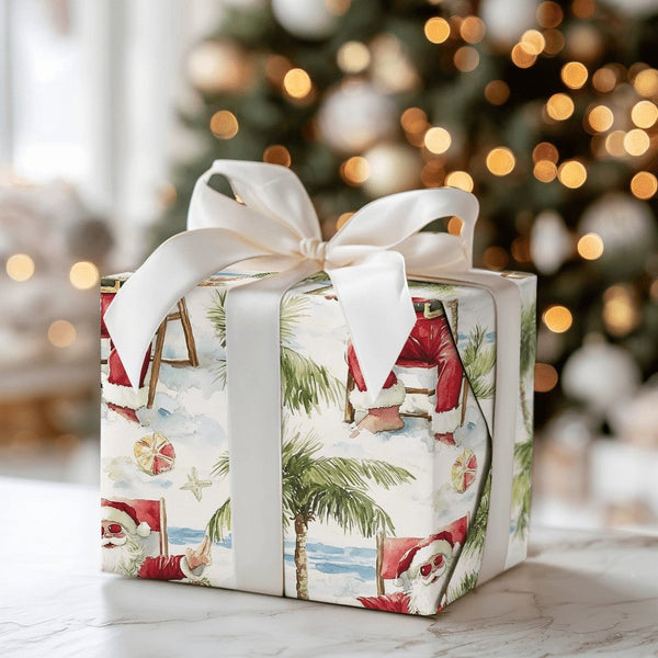 Tropical Christmas Gift Wrap, Beach Vacation Santa Wrapping Paper, Relaxing Santa Holiday Wrapping Paper, Ocean Summer Wrappi
