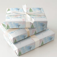 Watercolor Space Needle Gift Wrap, Seattle Christmas Wrapping Paper, Pacific Northwest Skyline Wrapping Paper, Festive Holiday Gift Wrap