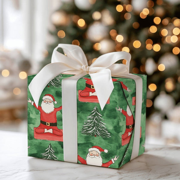 Red Mat Yoga Santa Wrapping Paper, Meditating Santa Wrapping Paper, Green Watercolor Christmas Wrapping Paper, Zen Holiday Gi