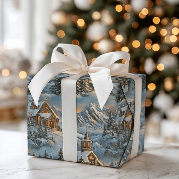 Winter Landscape Gift Wrap, Snowy Mountain Village Wrapping Paper, Christmas Wrapping Paper Roll, Comfy Chalet Holiday Presen