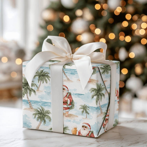 Beer Drinking Santa Gift Wrap, Tropical Beach Santa Wrapping Paper, Palm Tree Christmas Present Paper, Summer Holiday Wrappin