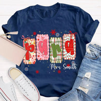 Custom Name Holiday Graphic Tee, Personalized Color Block Christmas T-Shirt, Matching Family Xmas Shirt, Festive Present Top