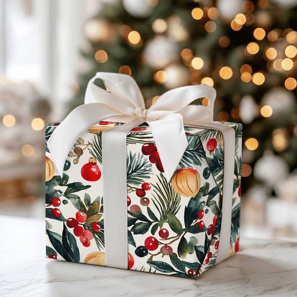 Botanical Berry Gift Wrap, Watercolor Pine Holly Christmas Wrapping Paper, Festive Holiday Wrapping Paper, Xmas Present Wrap 