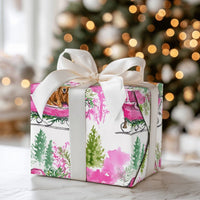 Pink Sleigh Dog Gift Wrap, Dachshund Christmas Wrapping Paper, Watercolor Weiner Dog Wrapping Paper, Festive Puppy Holiday Gift Wrap Roll