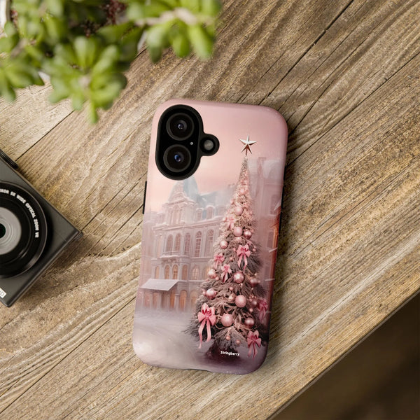 Snowy Victorian Holiday iPhone Case, Pink Christmas Tree Phone Case, Pink Bow Xmas Phone Cover, Winter Festive iPhone Case, C