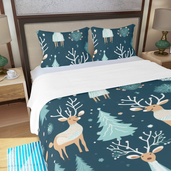 Winter Forest Bedding Set, Christmas Deer Duvet Cover Set, Holiday Animal Quilt Cover, Woodland Deer Bedding Set, Festive Bed