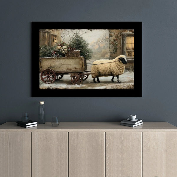 Sheep Winter Cart Canvas Print, Farmhouse Christmas Canvas Wall Art, Rustic Holiday Farm Canvas Painting, Comfy Seasonal Home