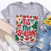 Festive Holiday Graphic Tee, Tis the Season Reindeer Christmas Tree Shirt, Retro Winter Christmas Shirt, Merry Xmas Present for Her