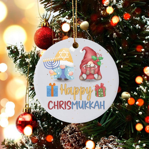 Hanukkah Christmas Tree Ornament, Chrismukkah Gnome Ceramic Ornament, Interfaith Holiday Ornament, Adorable Gnome Keepsake, W