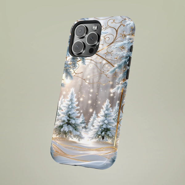 Snowy Pine Forest with Gold Swirl Phone Cover, Winter Wonderland iPhone Case, Christmas Holiday Tough Case, Winter Scene Pres