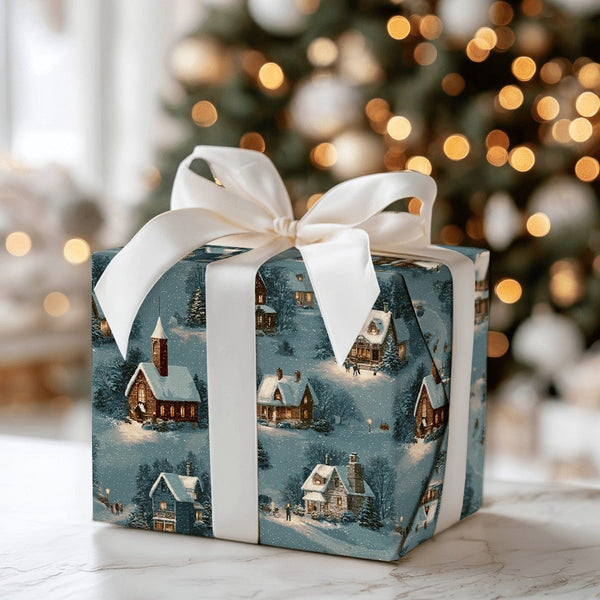Vintage Christmas Gift Wrap, Snowy Village Wrapping Paper, Winter Town Present Paper, Comfy Holiday Gift Wrap Roll, Nostalgic
