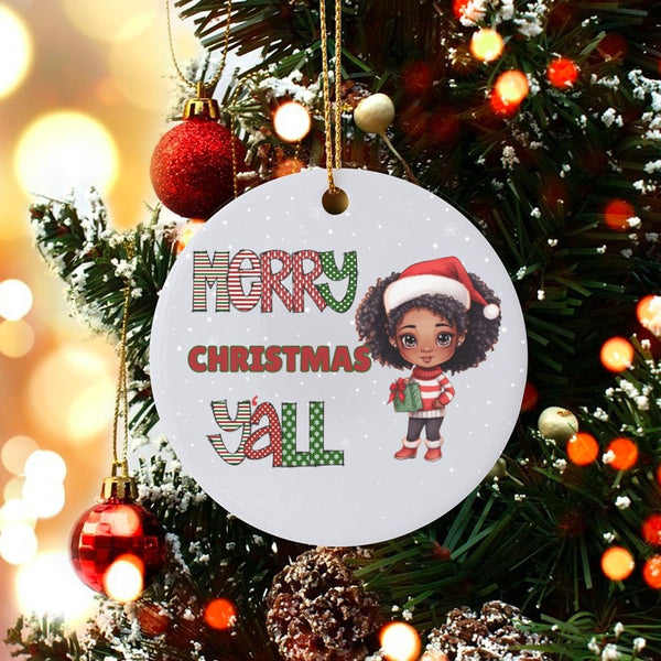 Adorable Black Girl Holiday Tree Ornament, Merry Christmas Y'all Ceramic Ornament, African American Christmas Keepsake Orname
