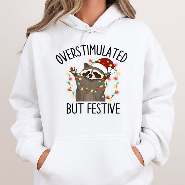 Humorous Christmas Lights Raccoon Sweatshirt, Overstimulated but Festive Raccoon Hoodie, Holiday Chaos Pullover, Adorable Xma