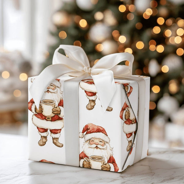 Watercolor Santa Claus Gift Wrap, Coffee Santa Christmas Wrapping Paper, Holiday Coffee Lover Wrapping Paper Roll, Festive Xm