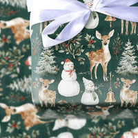 Vintage Christmas Gift Wrap, Woodland Deer Snowman Wrapping Paper, Forest Green Holiday Wrapping Paper, Rustic Winter Gift Wrap Roll