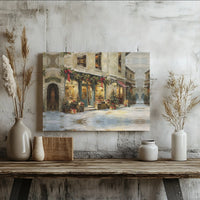 Snowy Storefront Holiday Wall Art, European Christmas Village Canvas, Vintage Winter Town Canvas Print, Comfy Xmas Street Scene Canvas Art