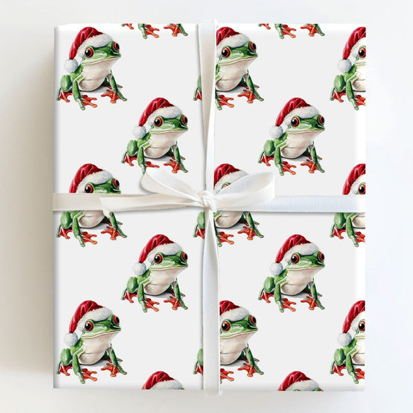 Red Eyed Frog Santa Hat Gift Wrap Roll, Tree Frog Christmas Wrapping Paper, Adorable Animal Holiday Wrapping Paper, Whimsical
