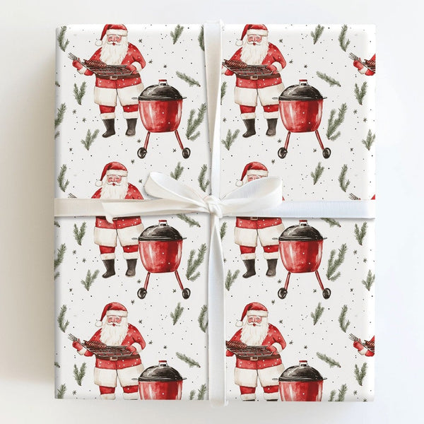 Humorous Grilling Santa Wrapping Paper, BBQ Santa Ribs Wrapping Paper, Red Kettle Grill Christmas Wrapping Paper, Holiday BBQ