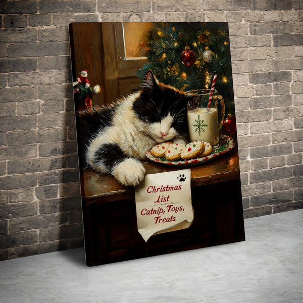Adorable Holiday Kitten Wall Art Print, Sleeping Cat Christmas Canvas Art, Xmas Cat Milk and Cookies Poster