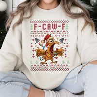 Humorous Ugly Holiday Rooster Sweater, F-Caw-F Chicken Christmas Sweatshirt, Sarcastic Farm Animal Crewneck, Hilarious Xmas Party Pullover
