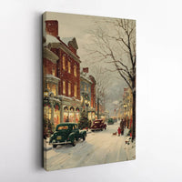 Snowy Street Canvas Print, Vintage Christmas Town Canvas Wall Art, Classic Car Winter Canvas, Holiday Season Wall Decor, Festive Home Present