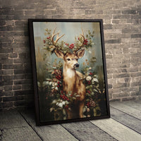 Festive Woodland Stag Holly Berries Painting, Christmas Deer Canvas Wall Art Print, Rustic Winter Deer Decor, Holiday Wall Art Present