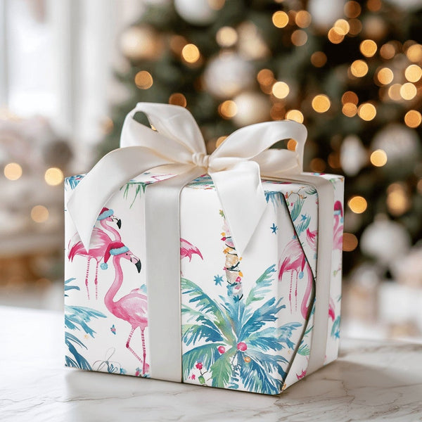Coastal Palm Tree Gift Wrap, Tropical Flamingo Wrapping Paper, Beach Christmas Flamingo Wrapping Paper, Holiday Present Gift 
